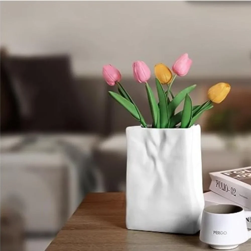 Crinkle Paper-Bag Shaped Ceramic Vase  (Matte White)